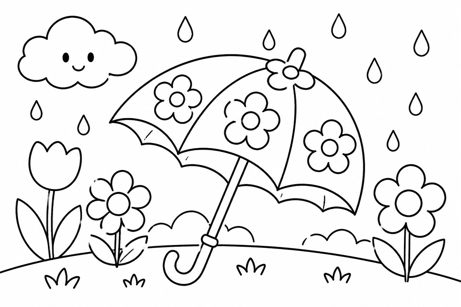 Paraguas de flores bajo la lluvia de primavera