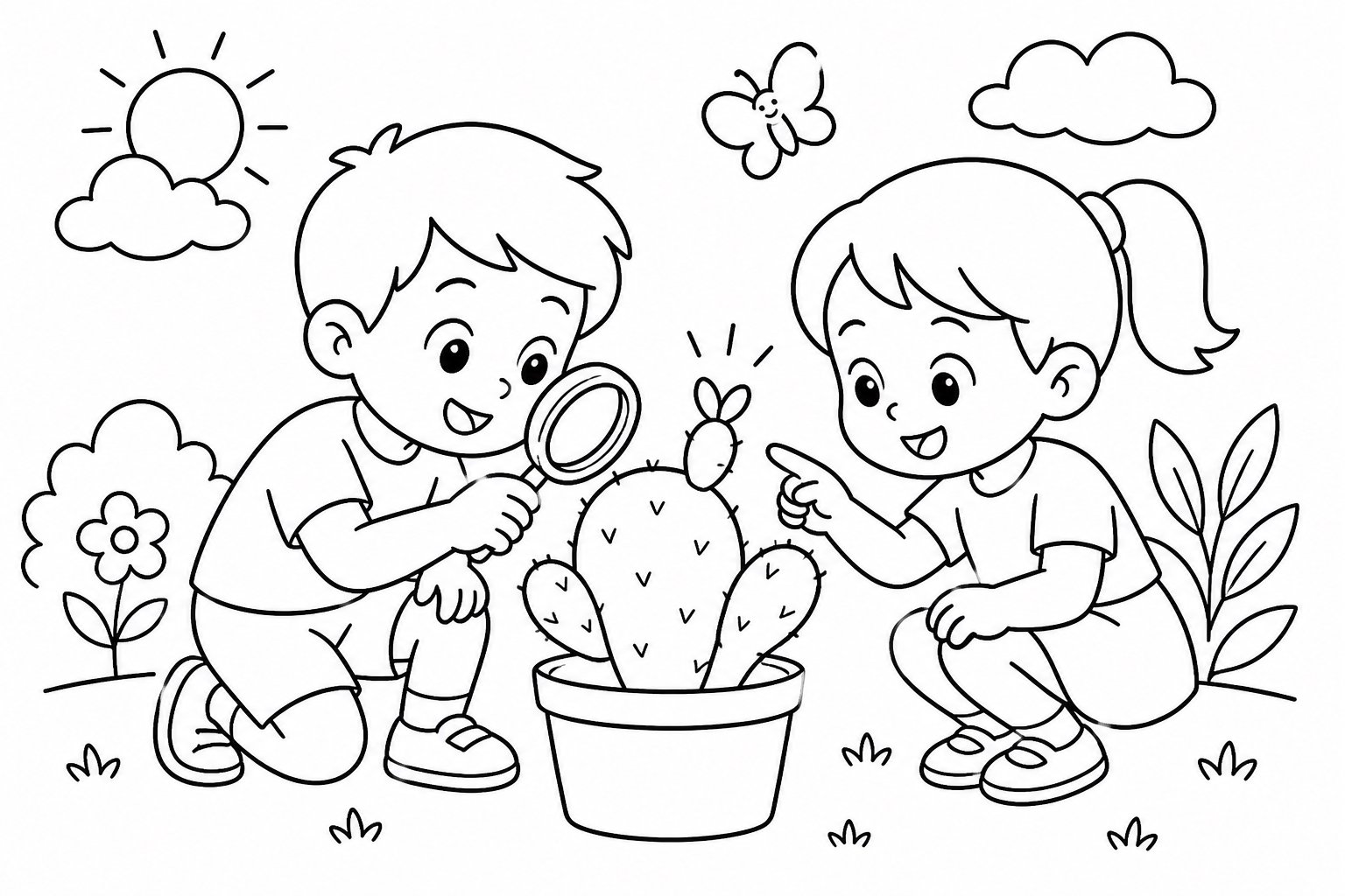 Les enfants observent les nouvelles pousses du cactus