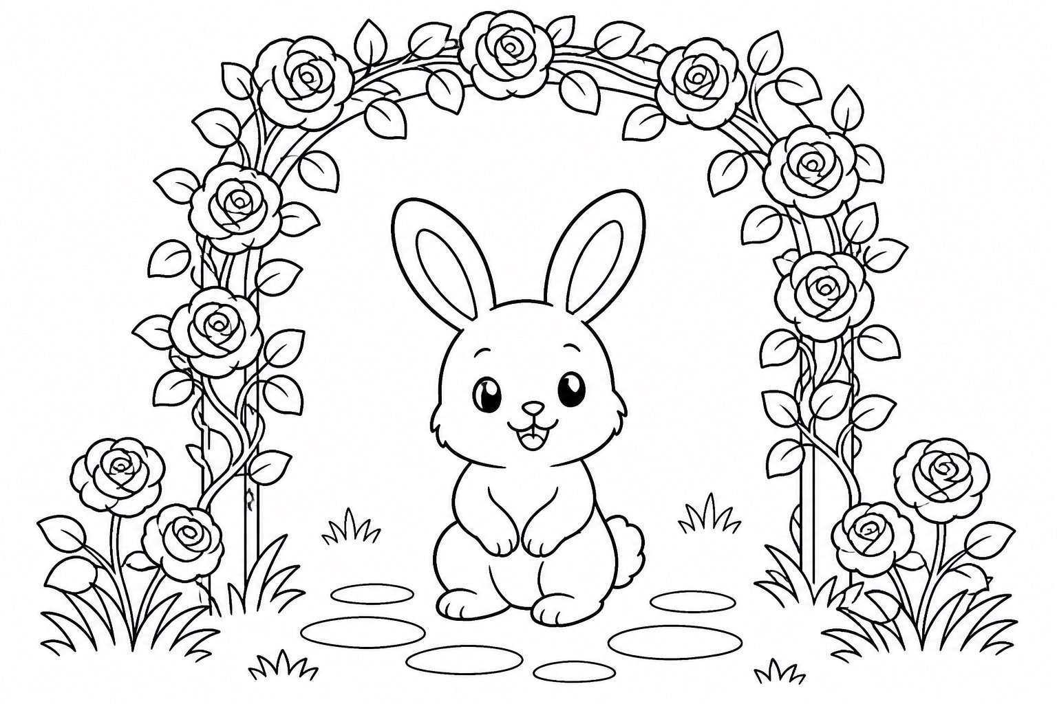 Kleines Kaninchen unter dem Rosenbogen