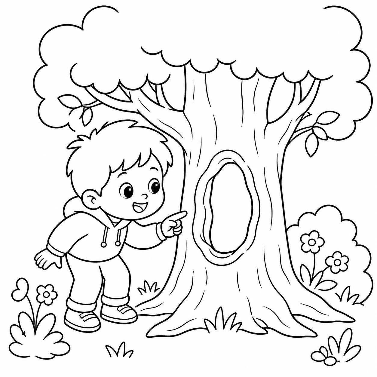 Enfants découvrant un trou dans un arbre