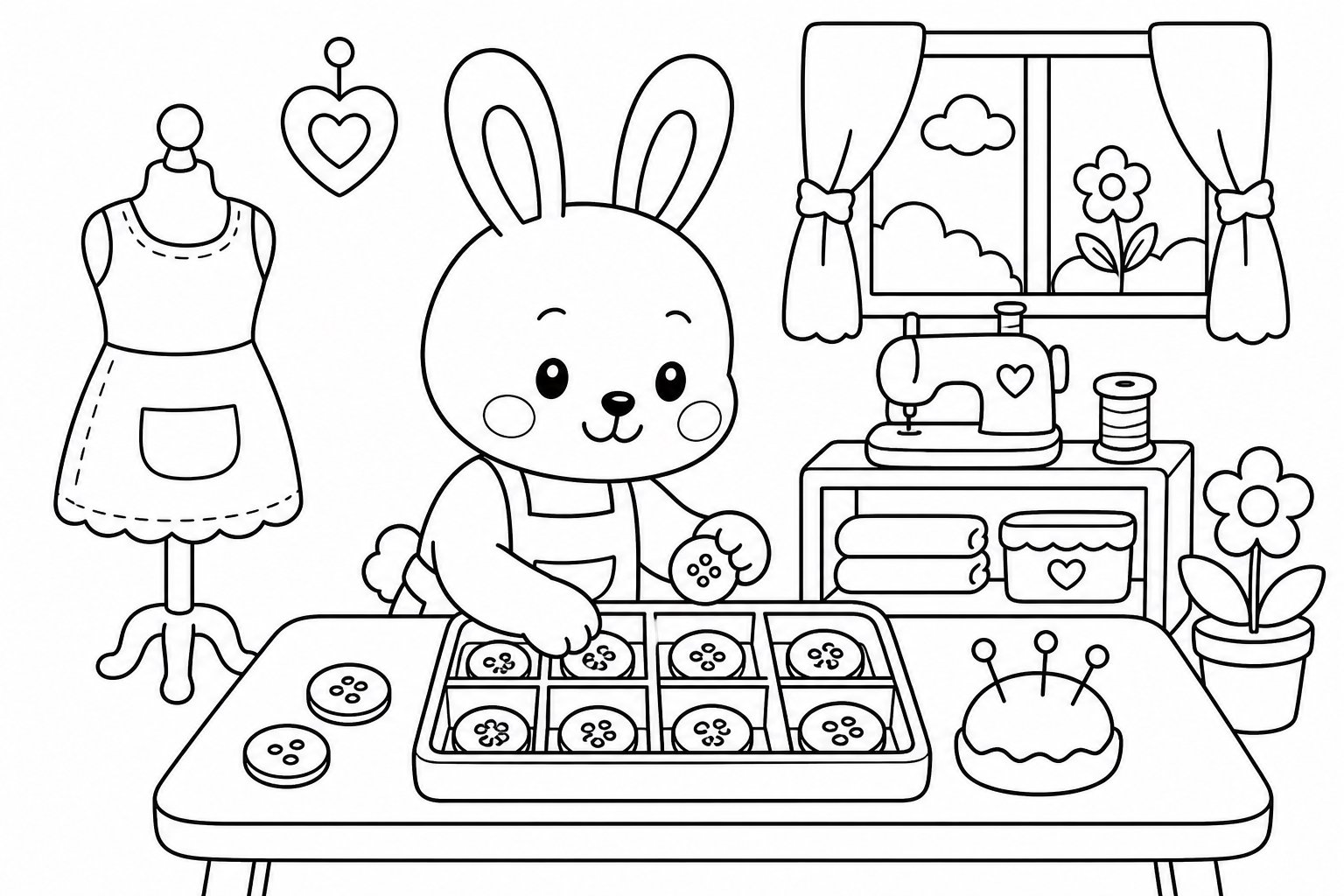 ボタンを整理する小さなウサギ