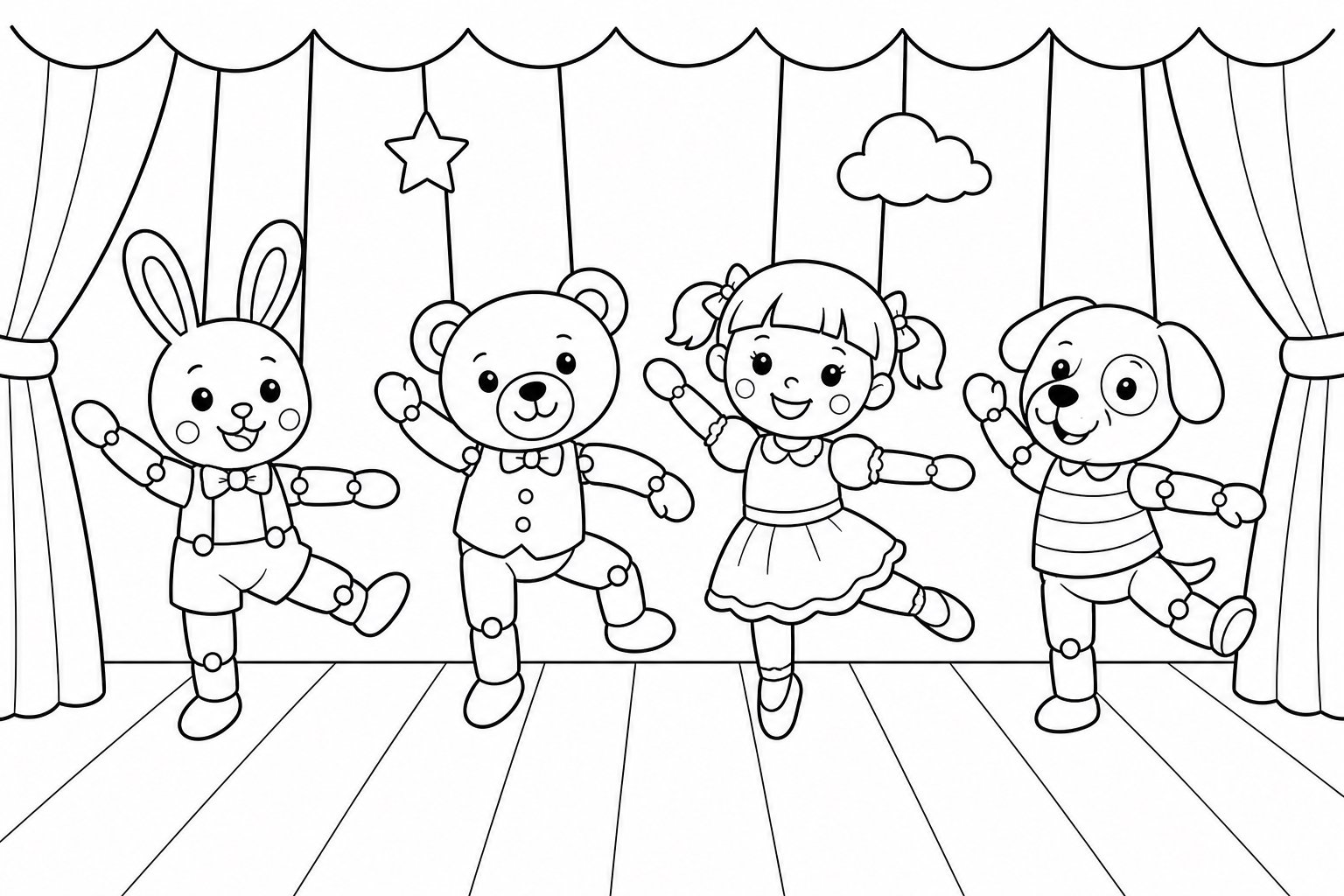 Amis marionnettes répétant une danse