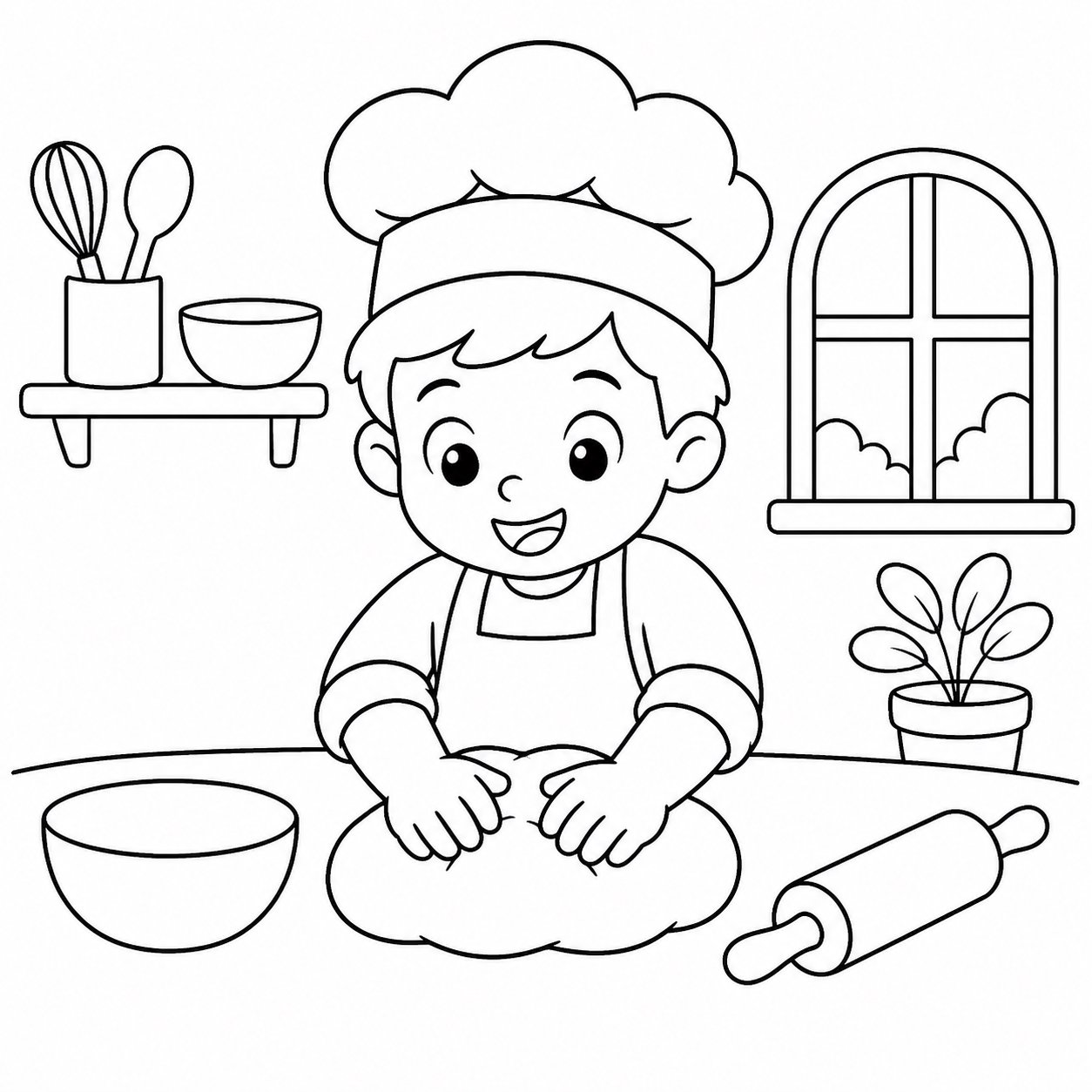 Pequeno chef sovando massa