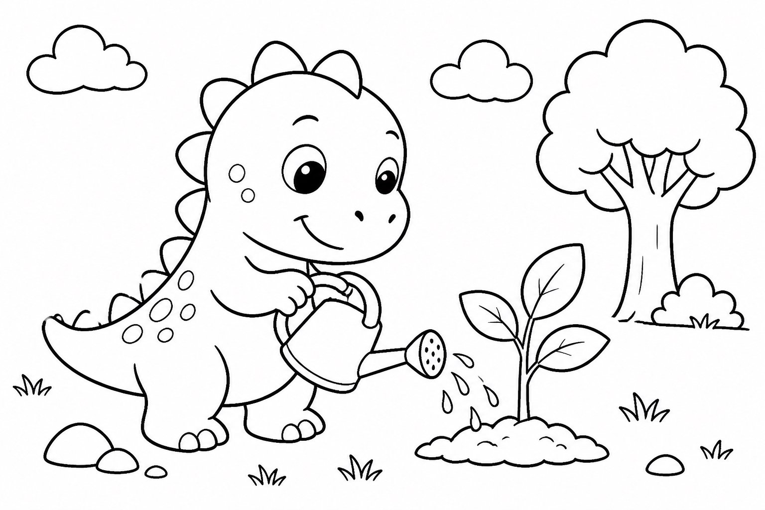 Filhote de dinossauro cuidando de uma muda
