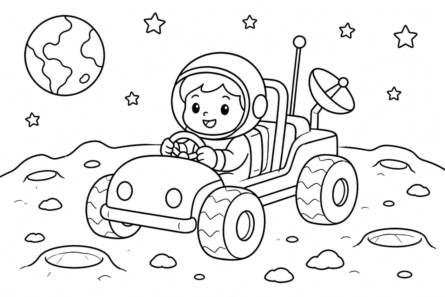 Petit astronaute conduisant un rover lunaire