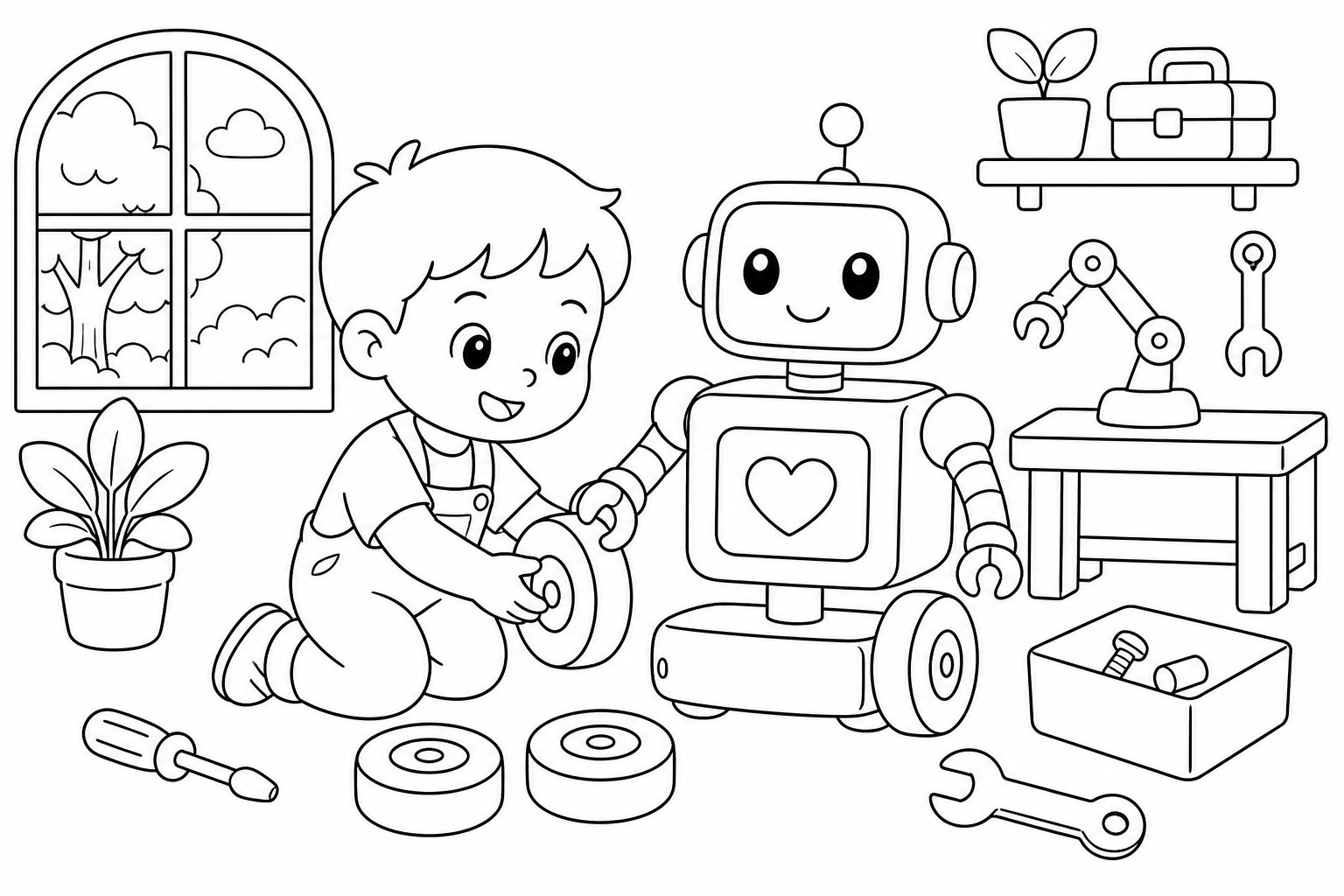 Ребёнок устанавливает колёса на робота
