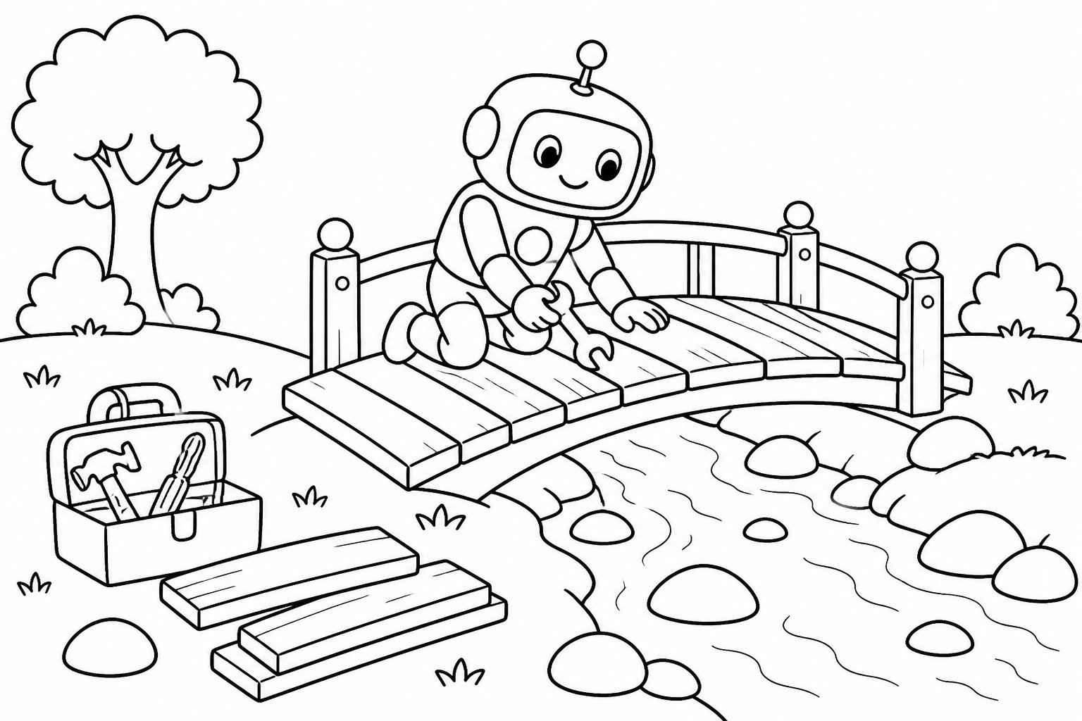 Kleiner Roboter repariert eine kleine Brücke