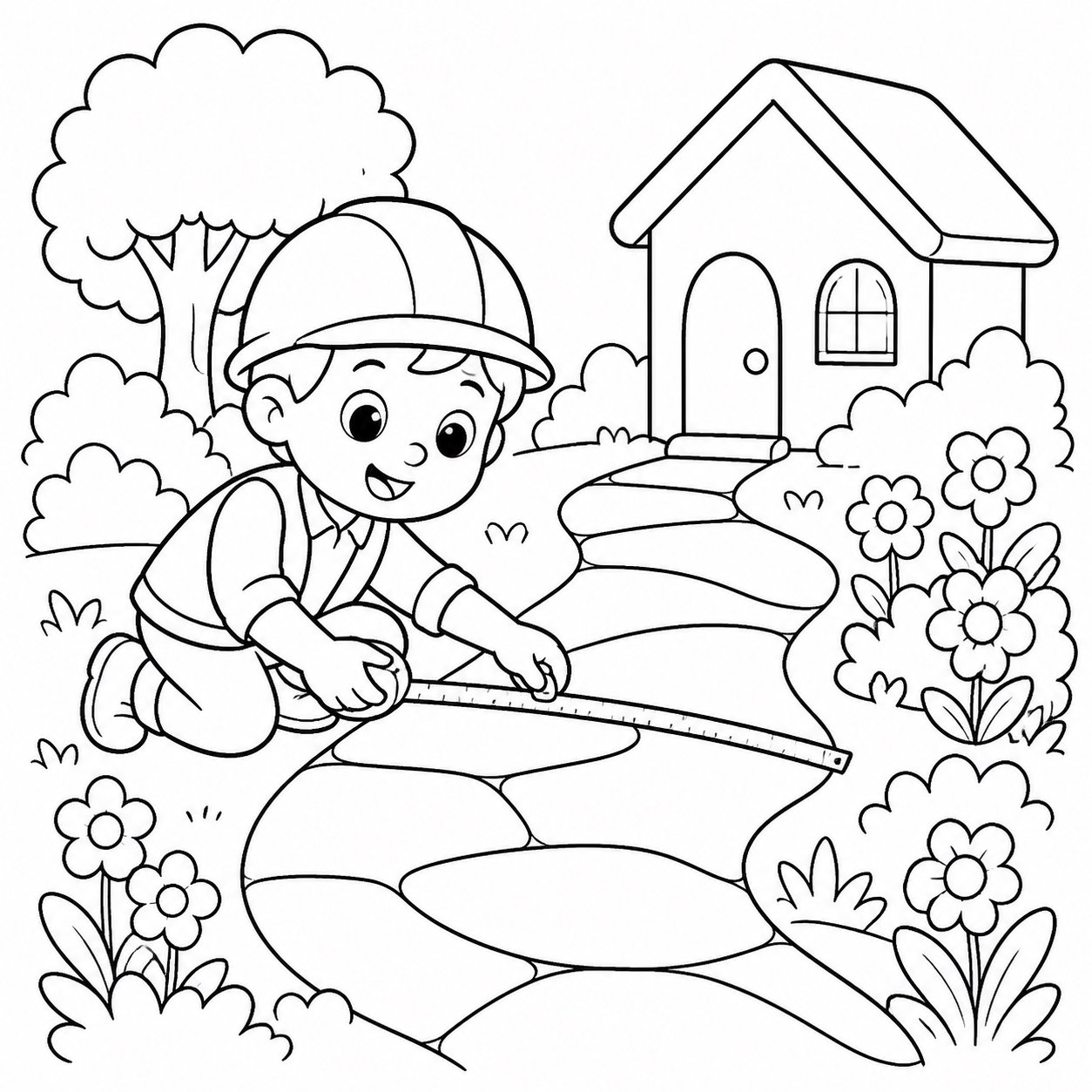 庭の小道を測る小さな建築家