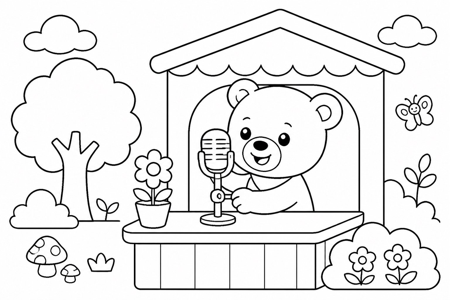 マイクを調整する子グマ