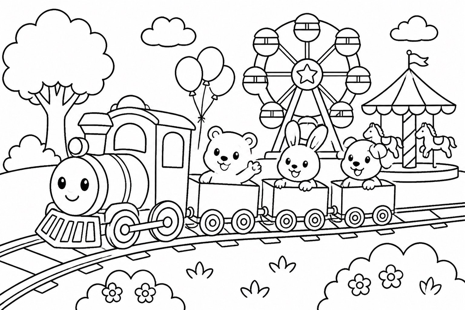 Le petit train parcourt le parc d’attractions