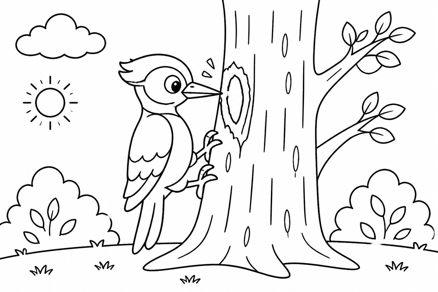 Pájaro carpintero picoteando la corteza