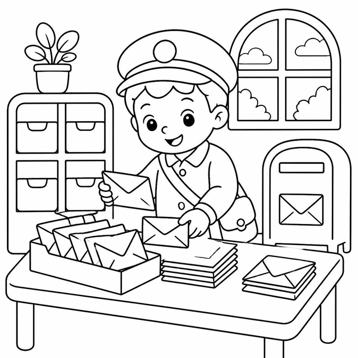 Pequeño cartero ordenando cartas