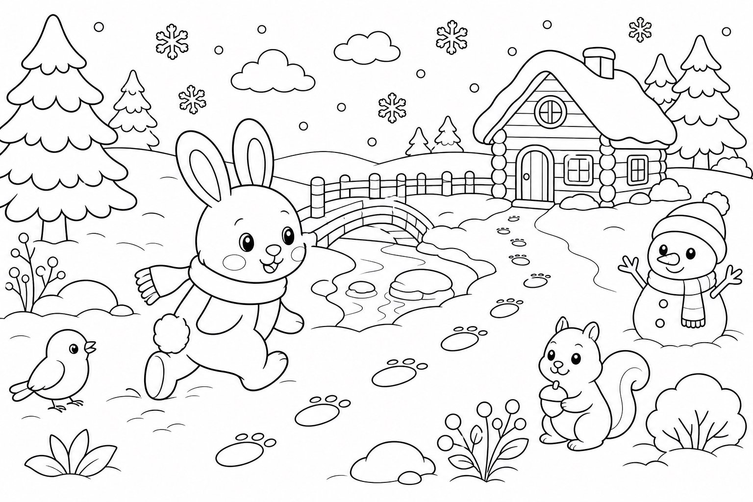 Petit lapin suivant des empreintes dans la neige