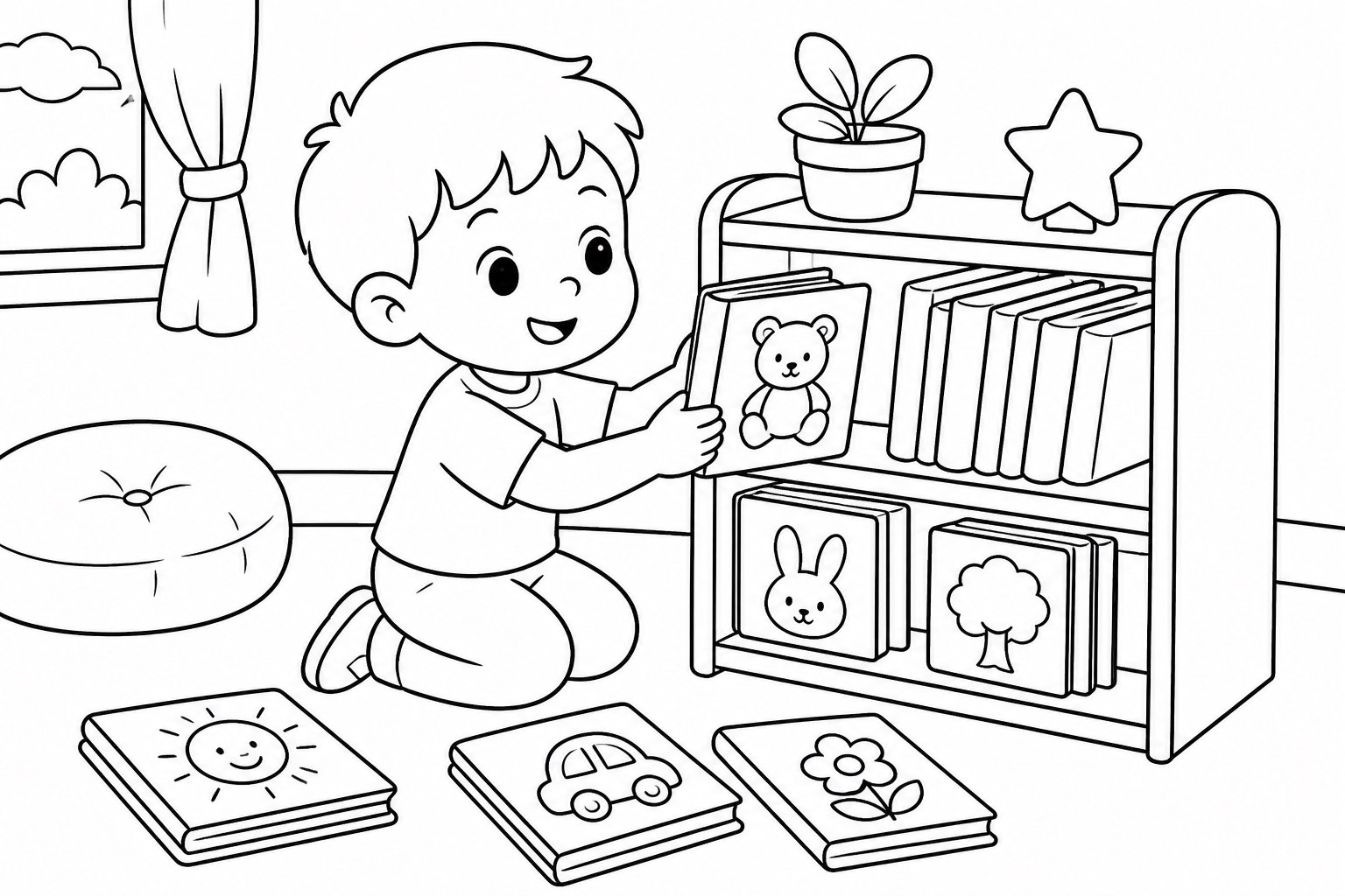 Niños ordenando cuentos ilustrados