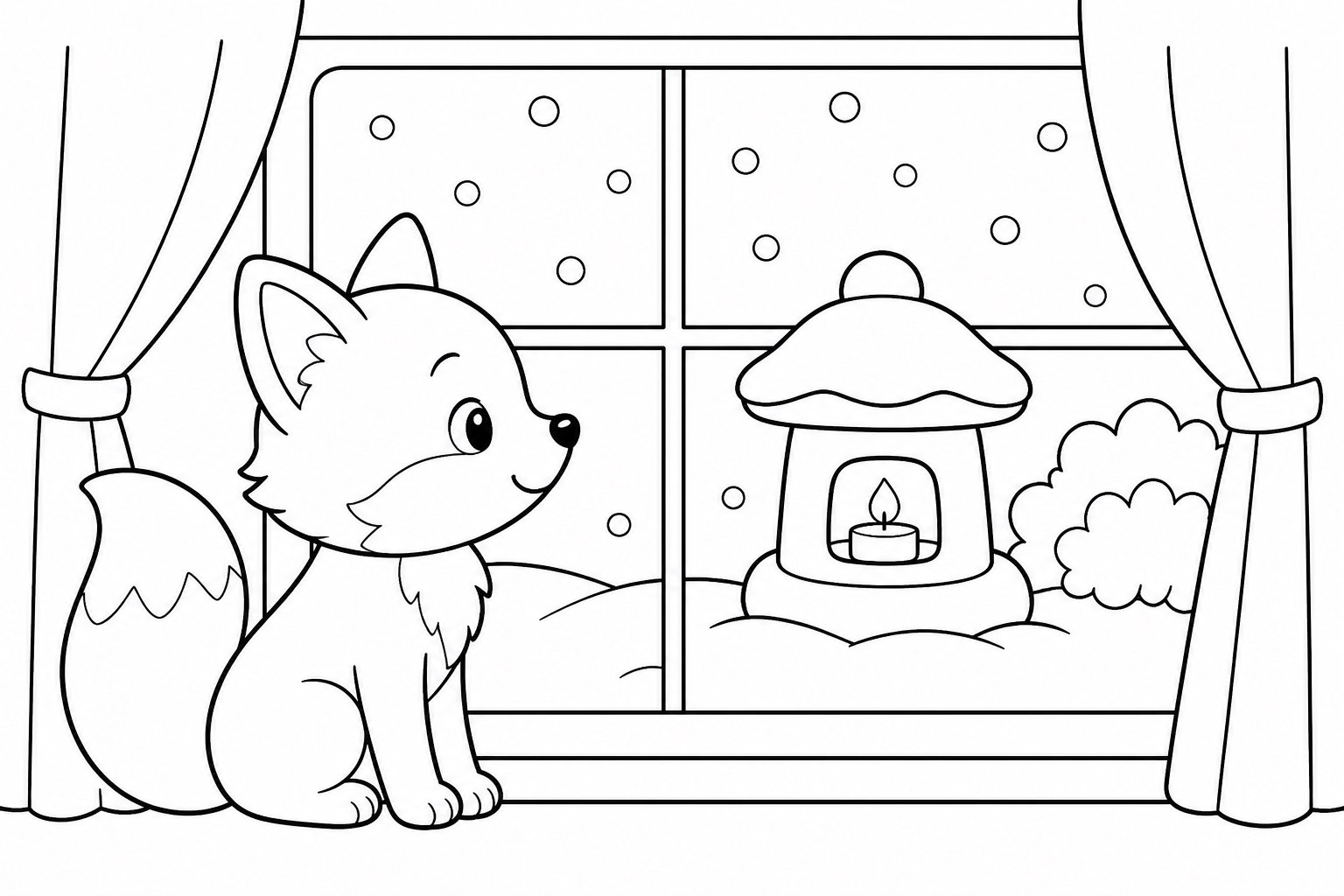 Petit renard regardant la lanterne de neige près de la fenêtre