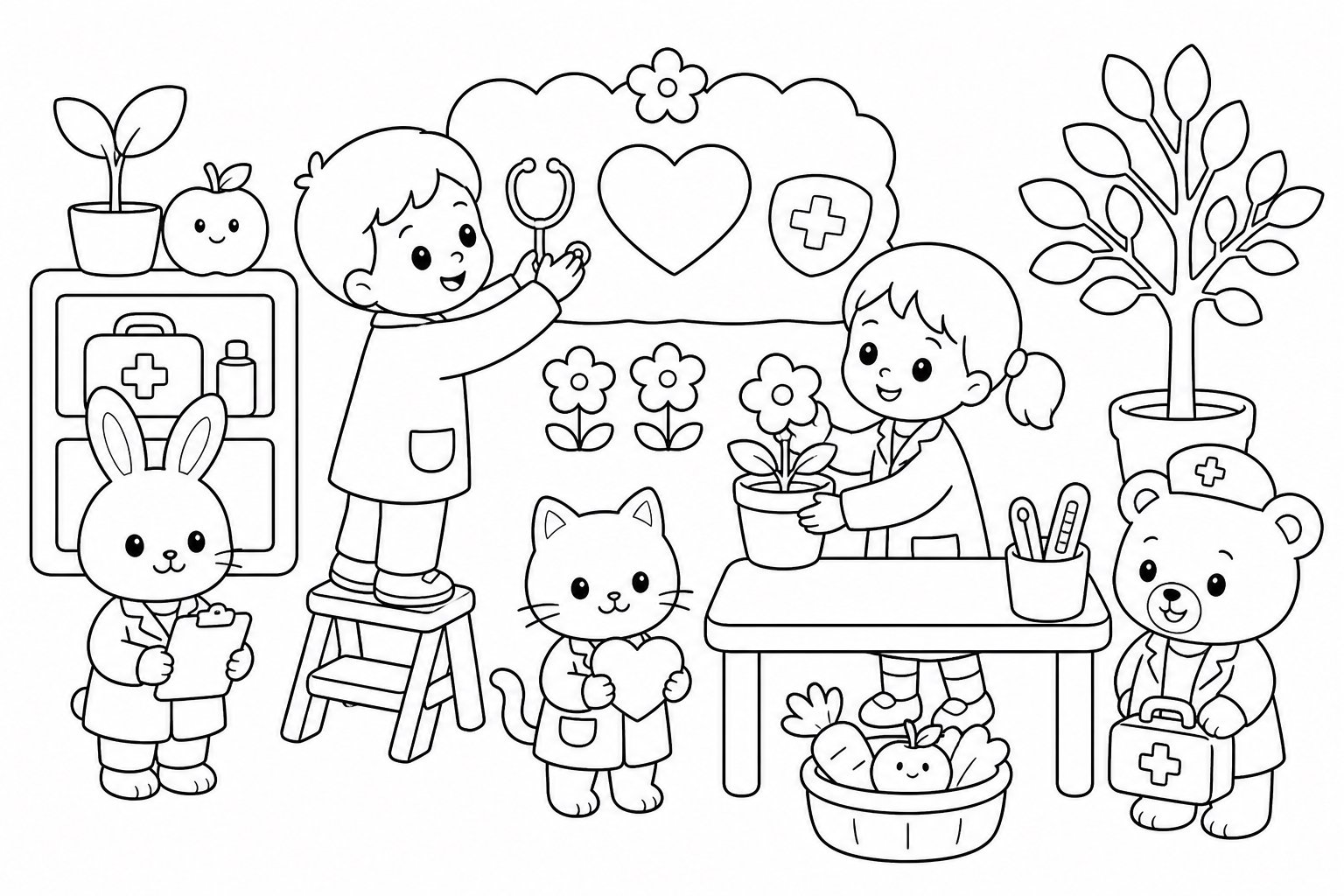 Niños preparando un rincón de salud