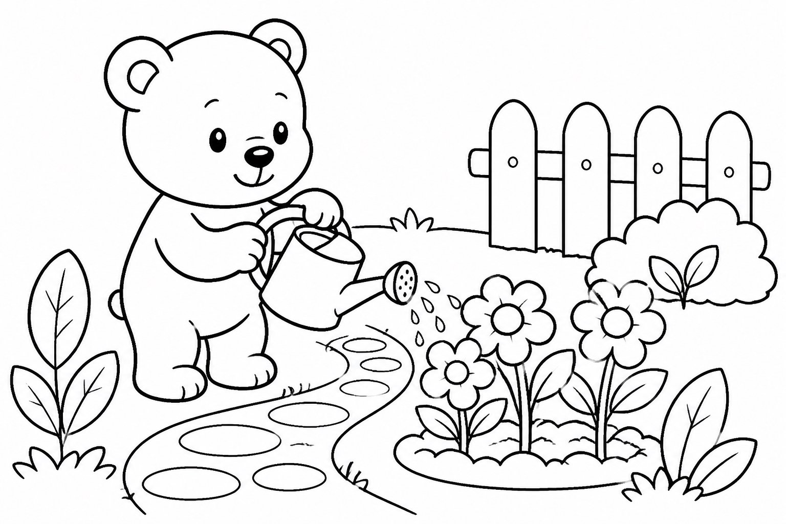 小熊给花朵浇水
