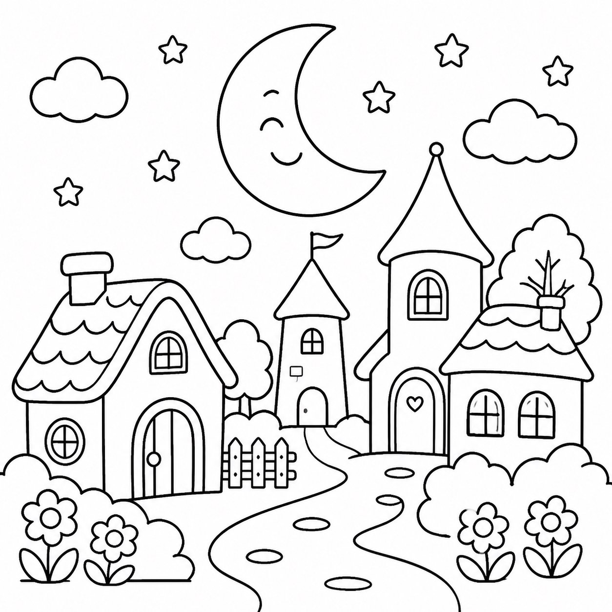 La luz de la luna ilumina la aldea de cuento de hadas