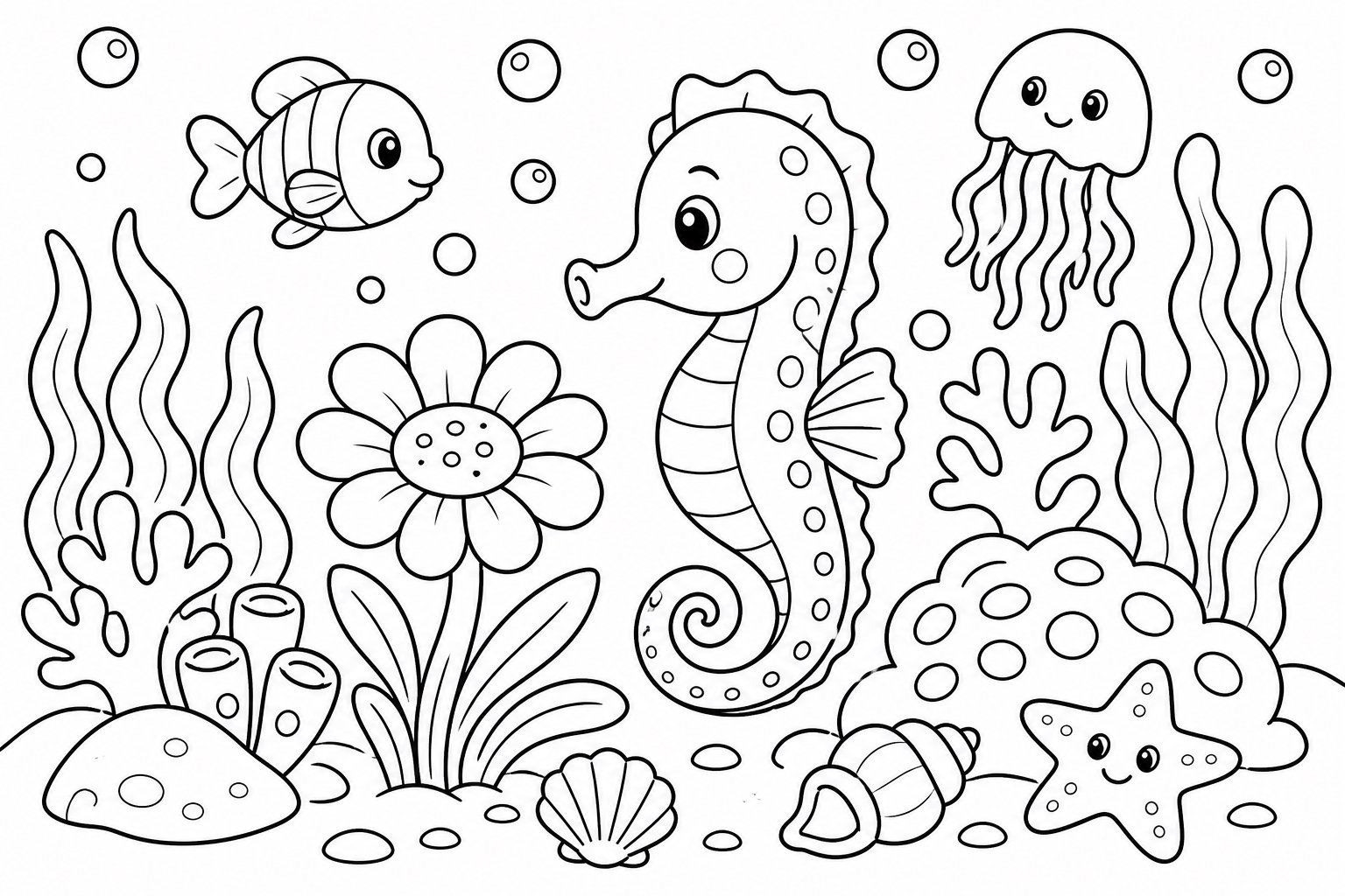 Caballito de mar junto a algas florecidas