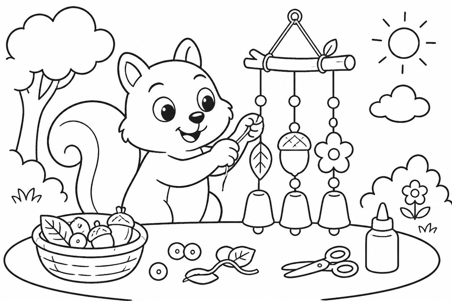 Eichhörnchen bastelt ein Windspiel