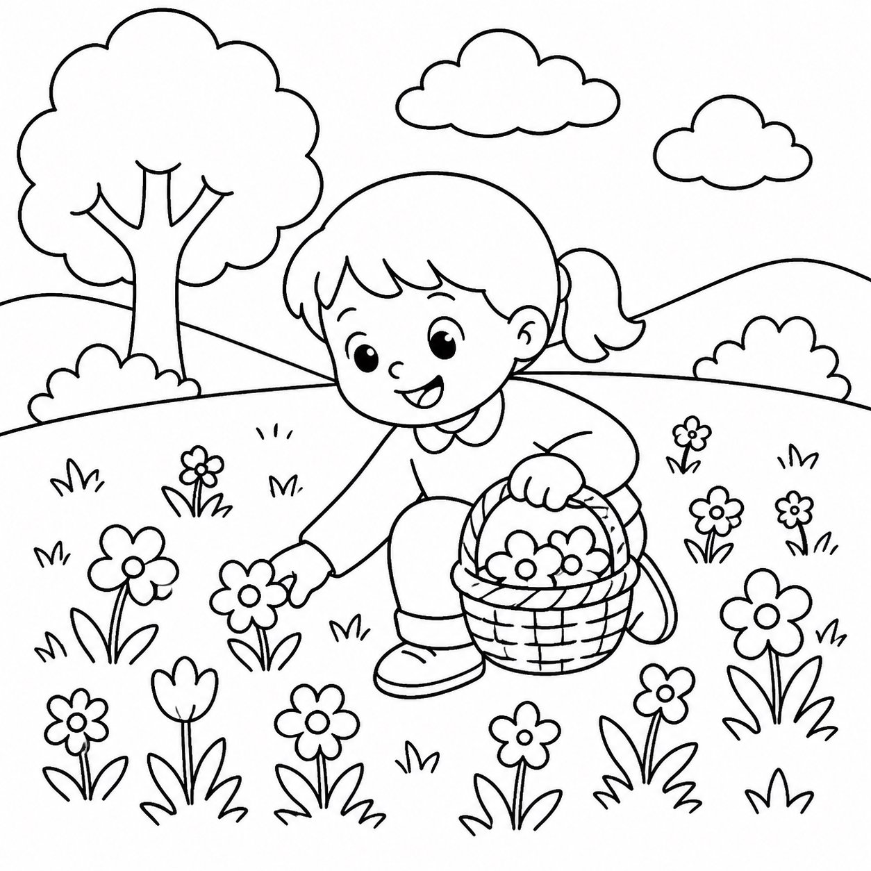 Crianças procurando flores silvestres no campo