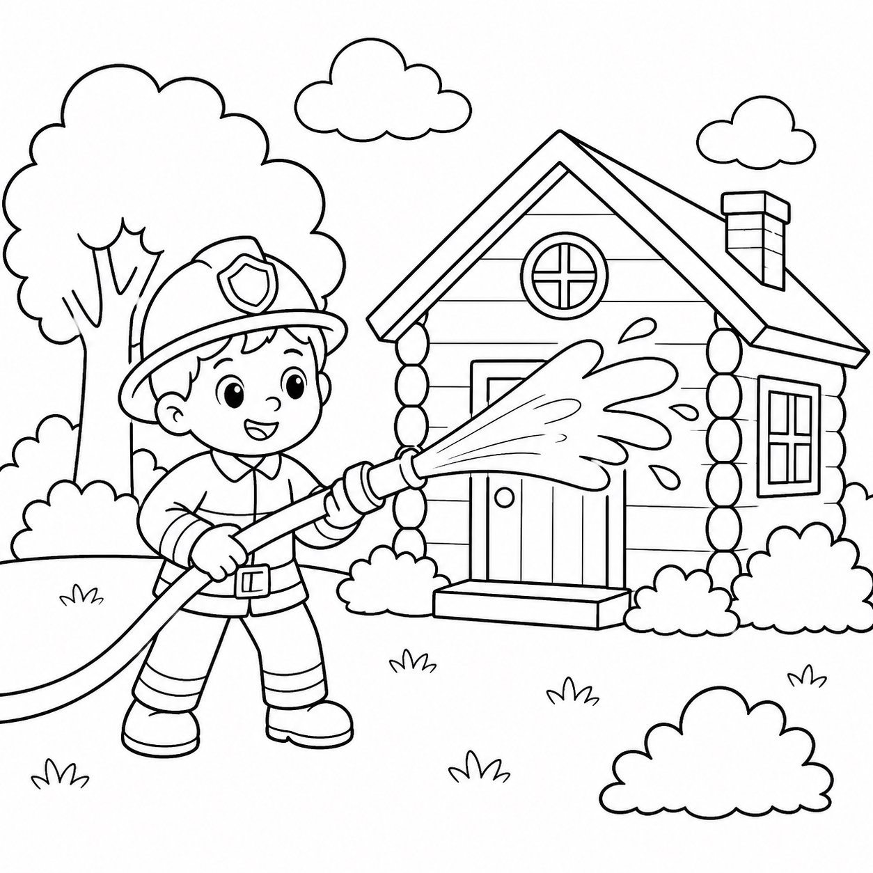 Pequeño bombero protegiendo una cabaña