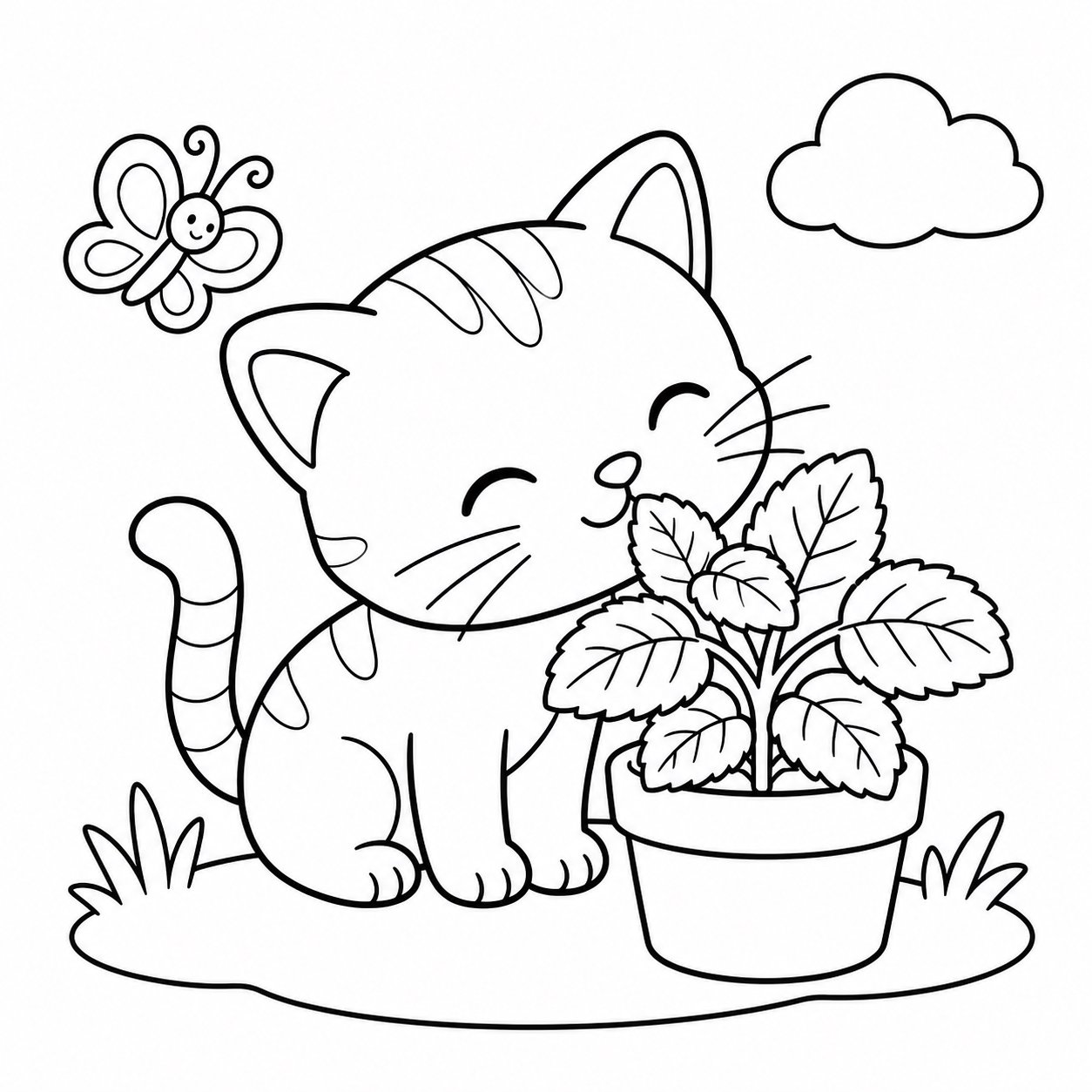 Маленький котёнок нюхает мяту