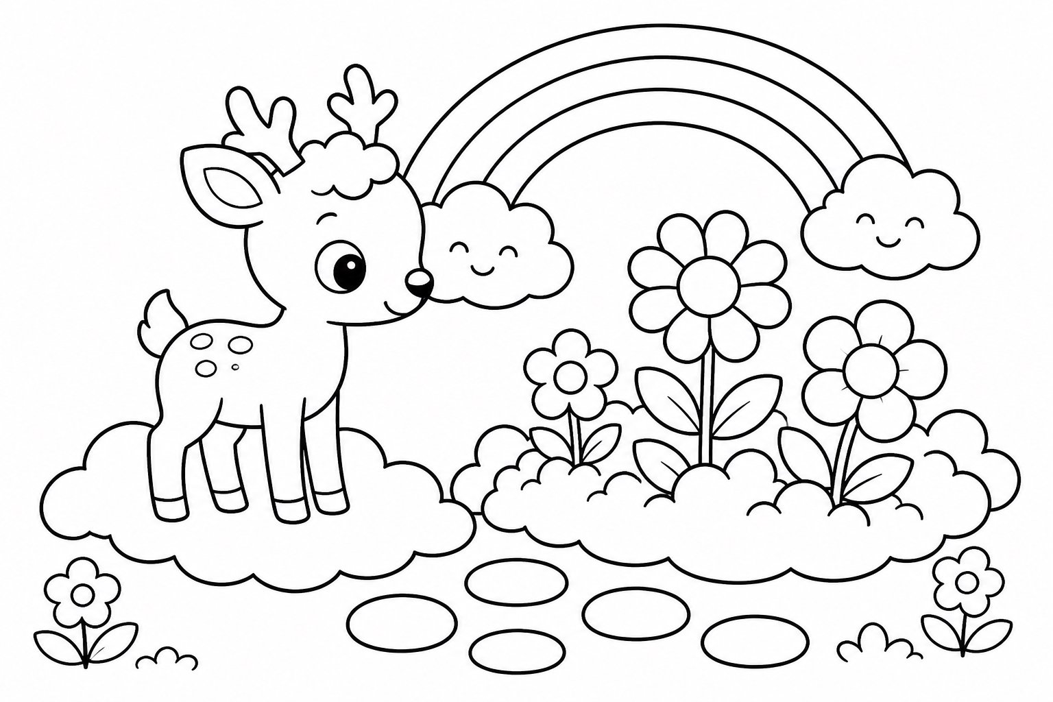 Le petit faon regarde les fleurs dans les nuages