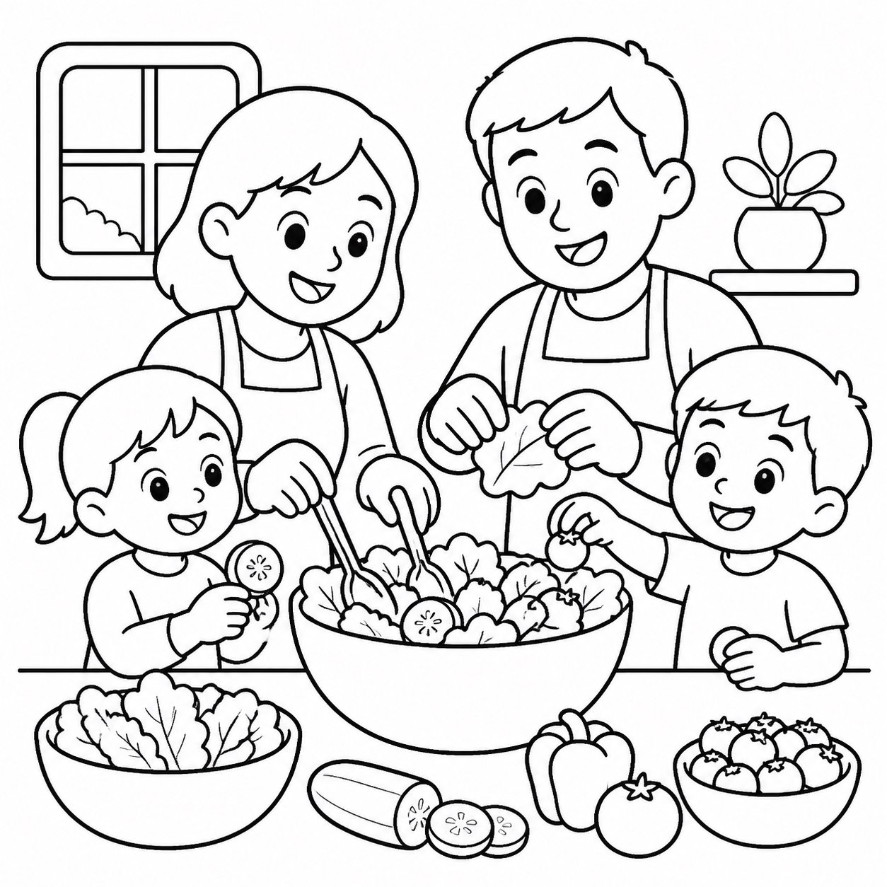 Crianças e familiares preparando uma salada