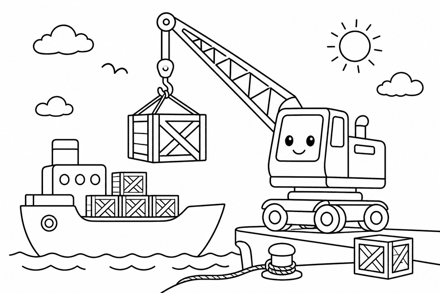 Grue portuaire chargeant des caisses en bois