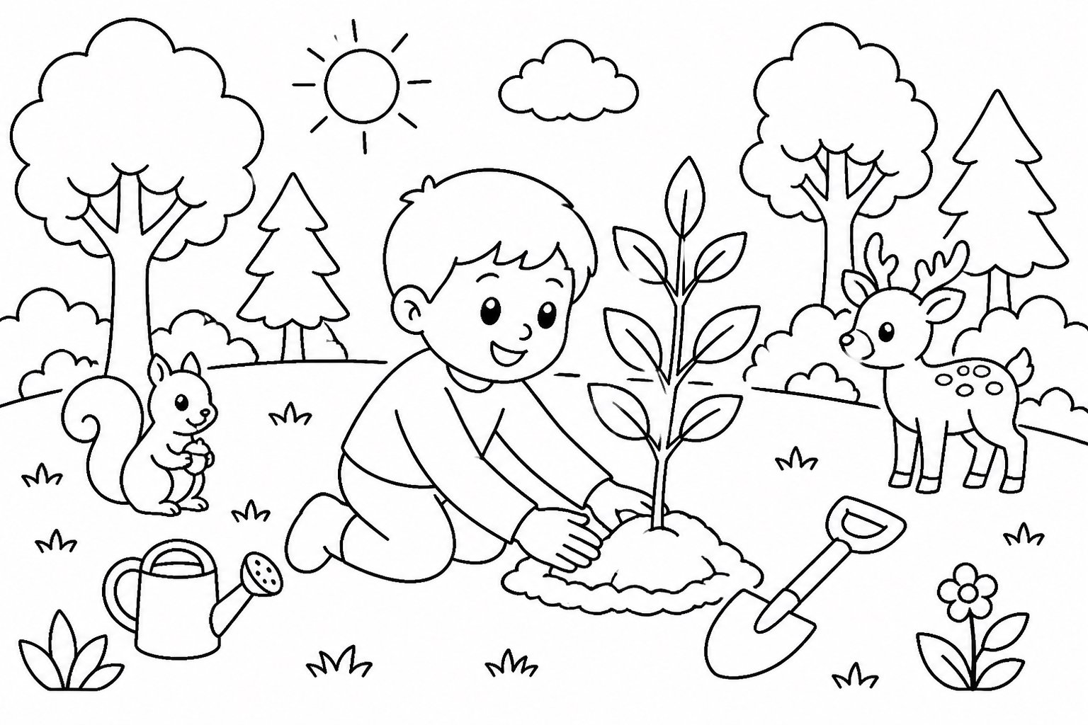 Enfant plantant un jeune arbre dans la forêt