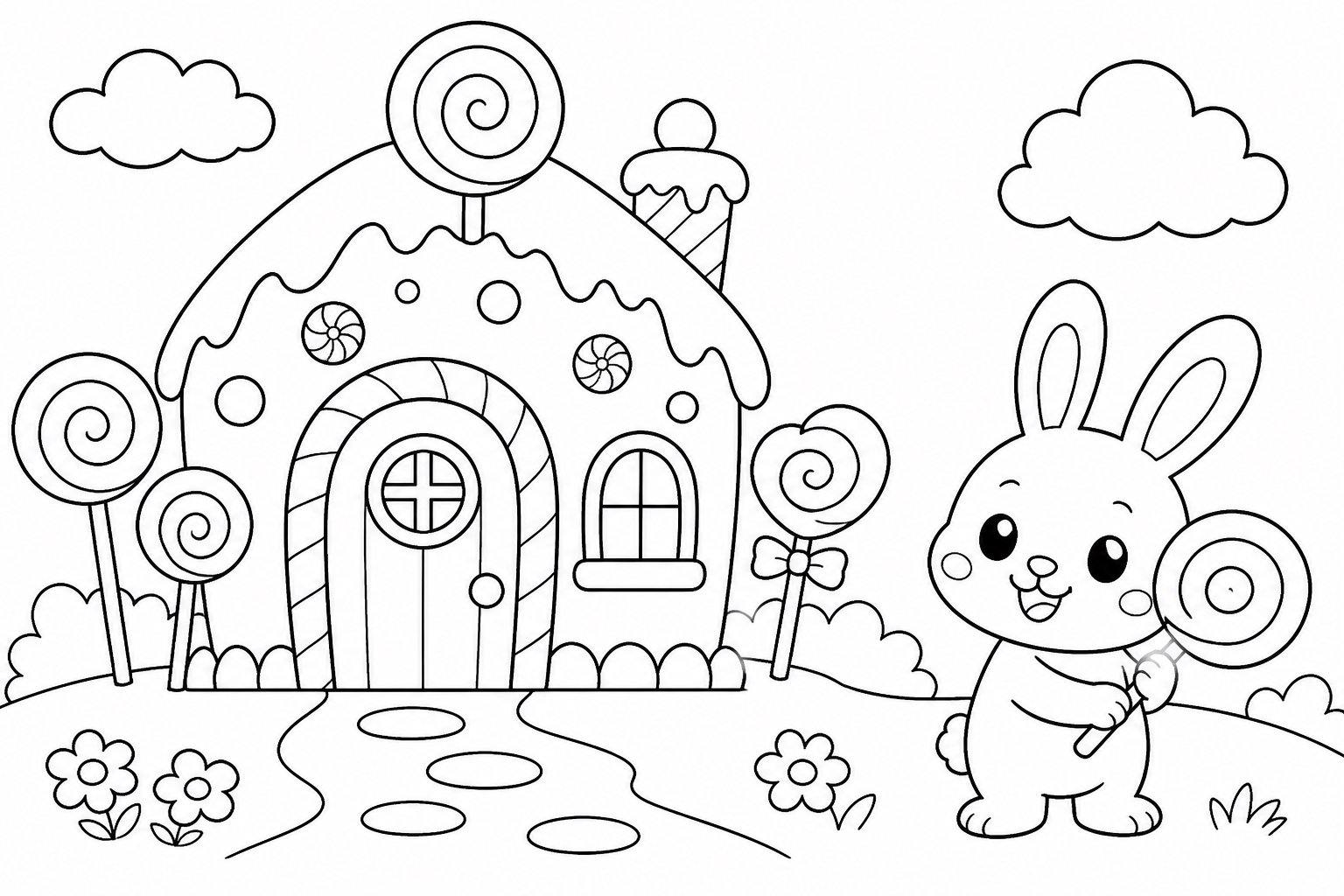 Petit lapin près de la maisonnette en sucette