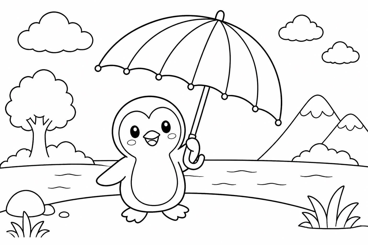 Kleiner Pinguin mit einem Regenbogenschirm