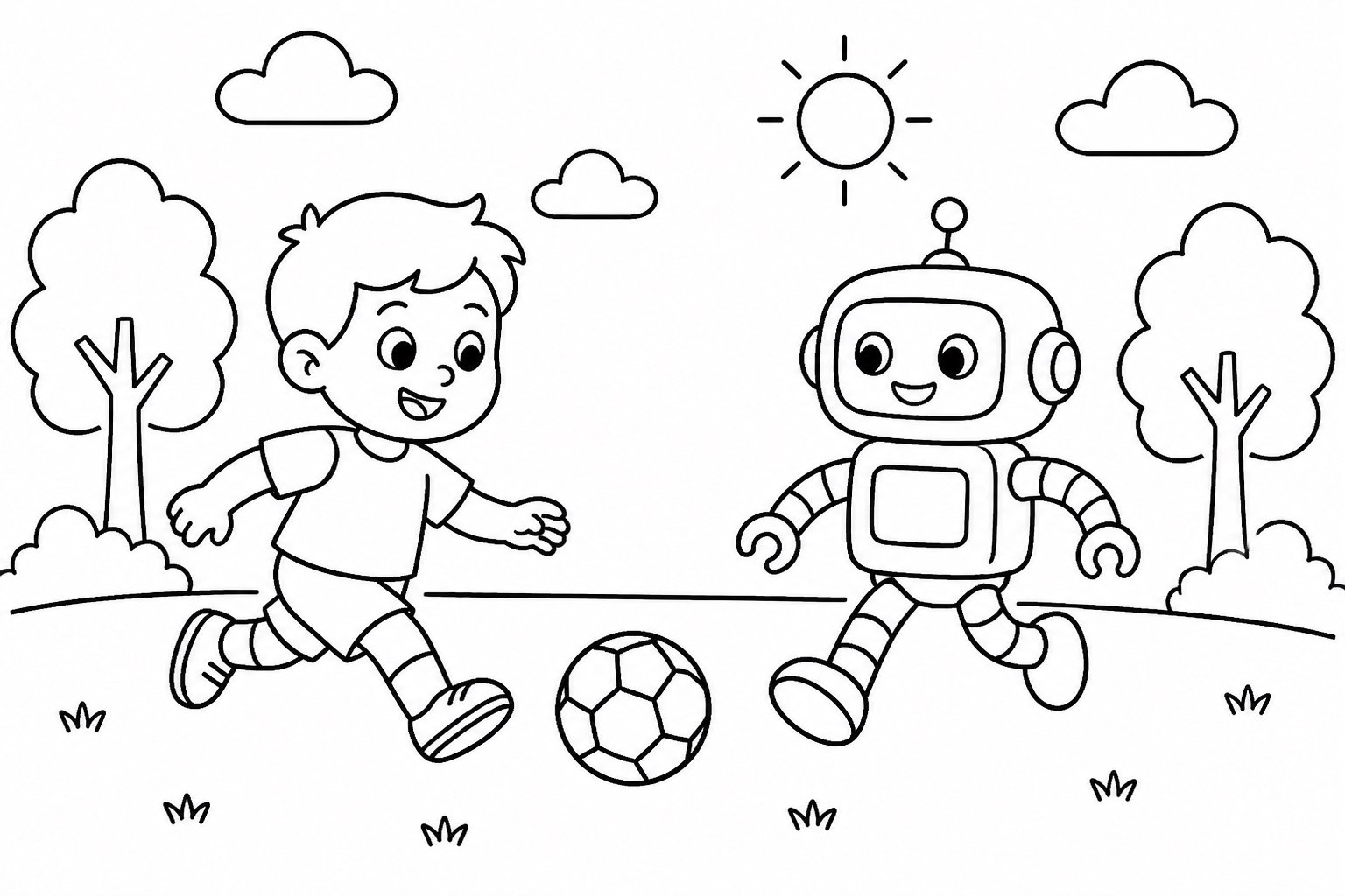Robot et enfant jouant au football