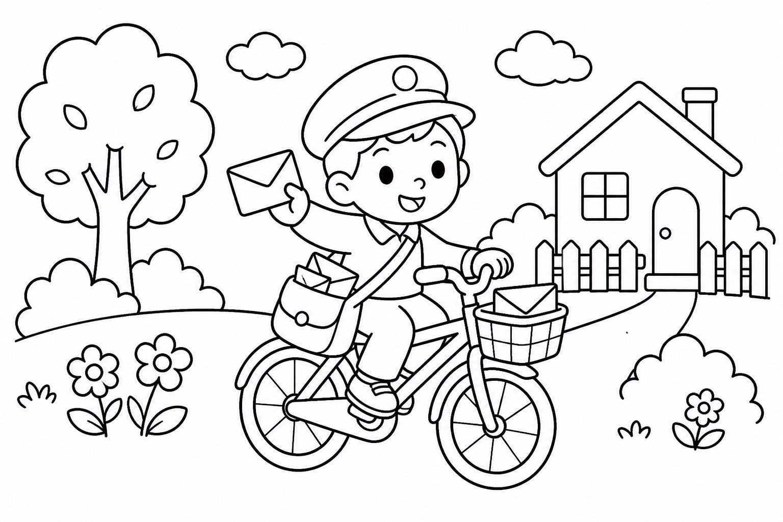 Pequeño cartero repartiendo correo en bicicleta
