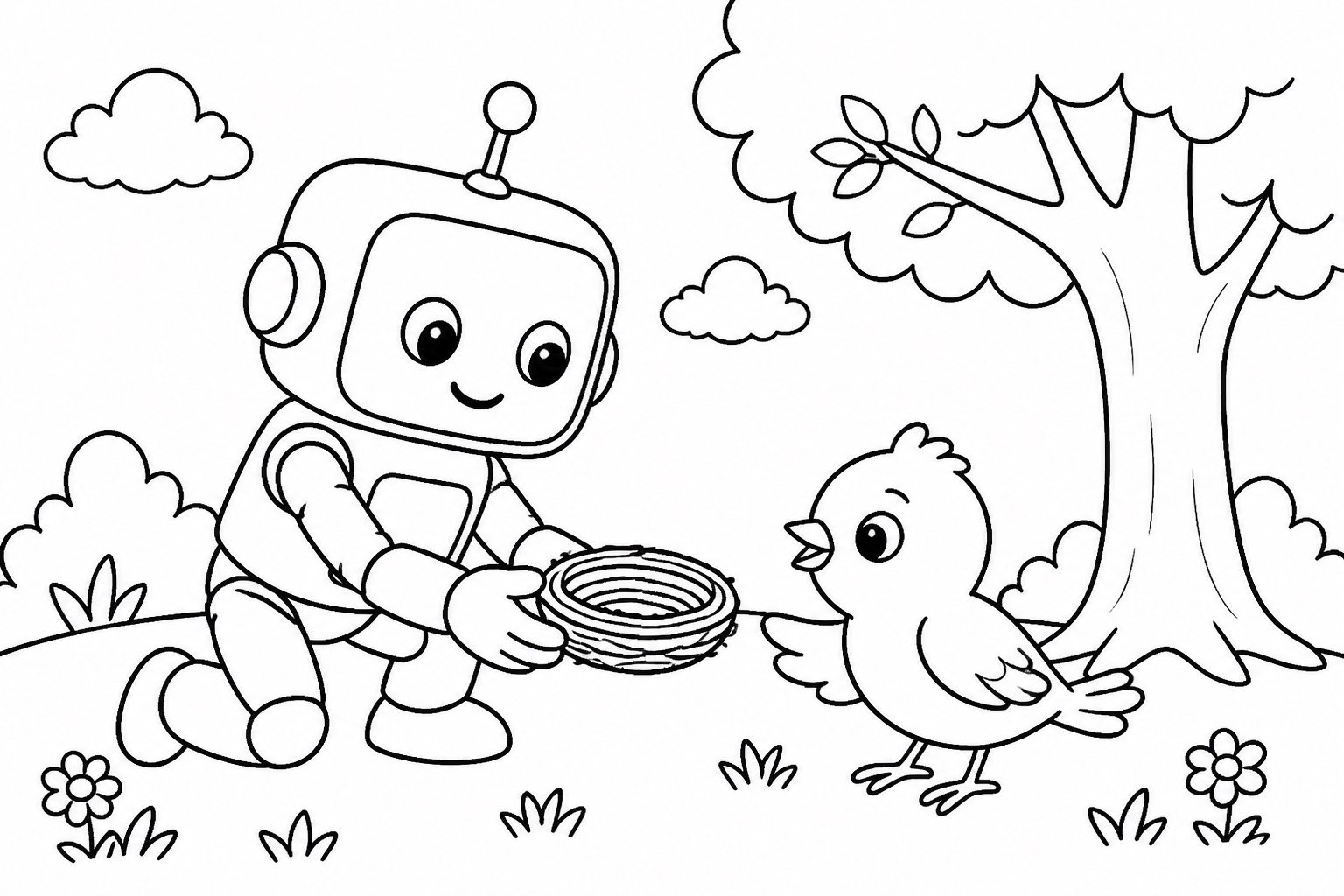 Pequeño robot ayudando a un pajarito