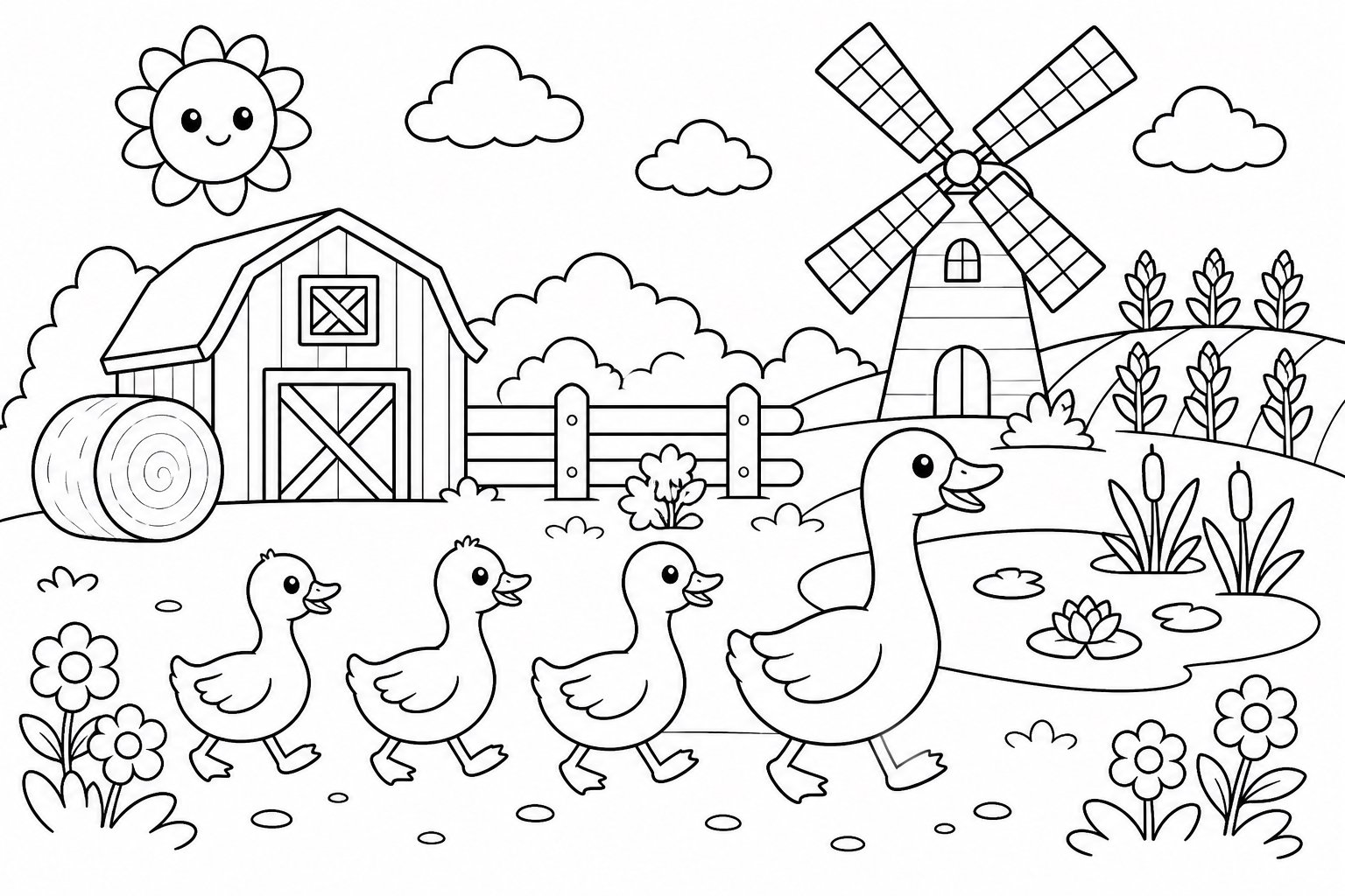 Une troupe d’oies passe près du moulin à vent