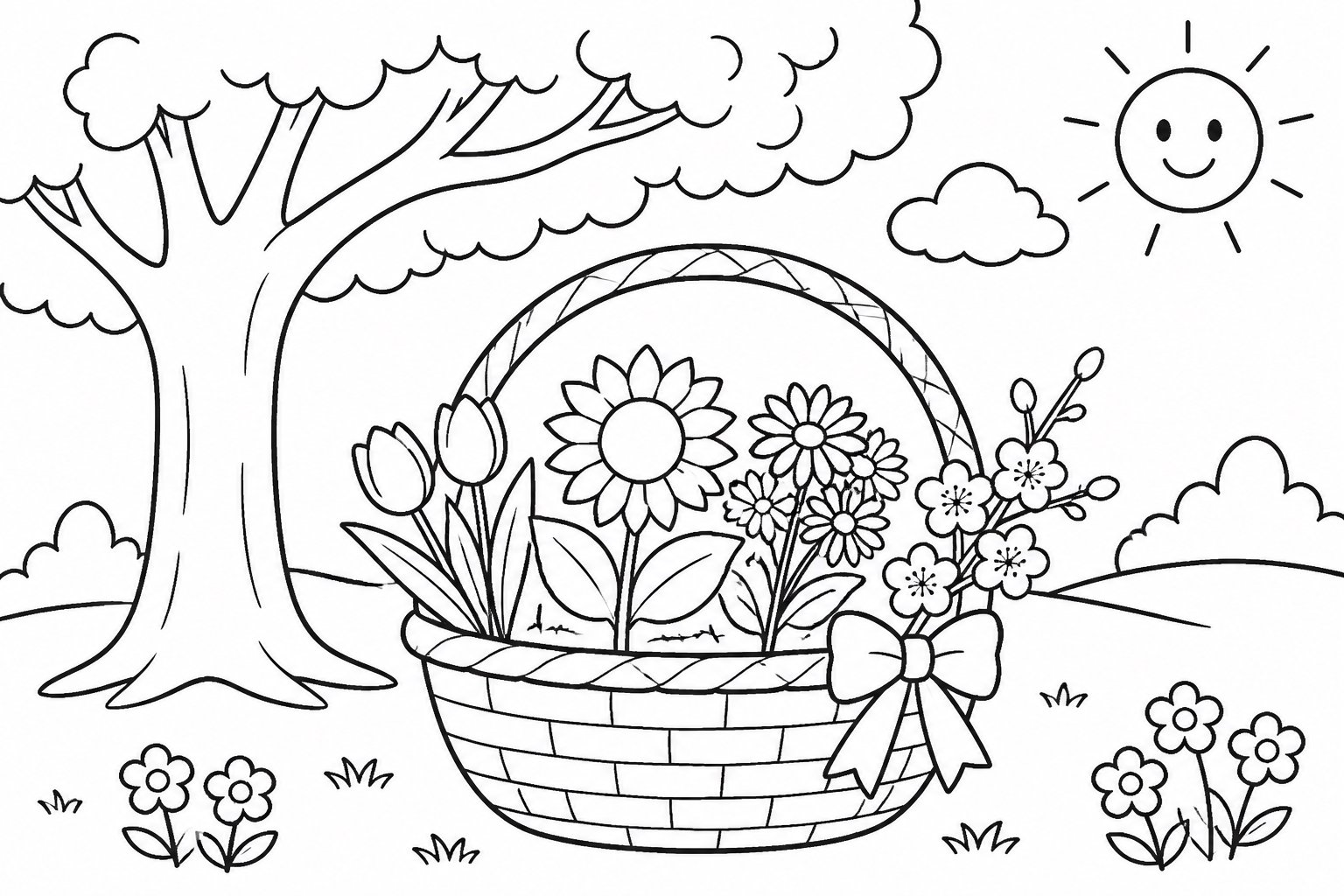 Flores de las cuatro estaciones en una cesta bajo el árbol