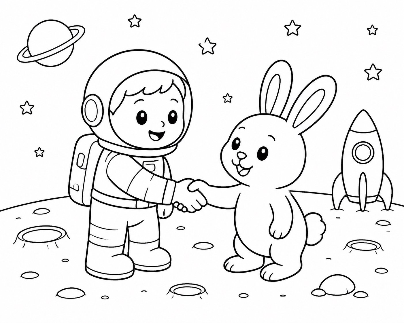 Pequeño astronauta estrechando la mano de un conejo lunar