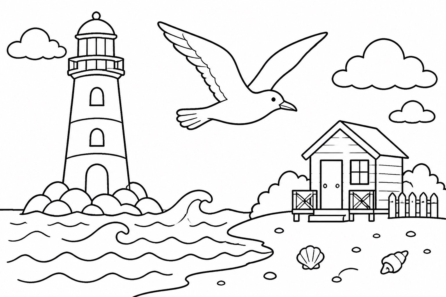 Möwe fliegt über den Leuchtturm