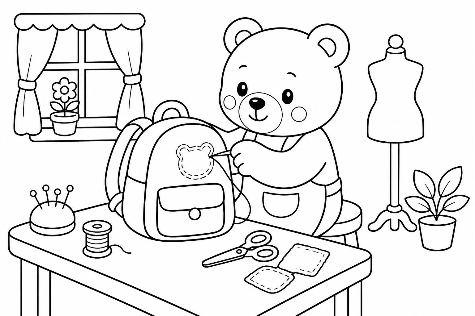 小さなリュックを繕う子グマ