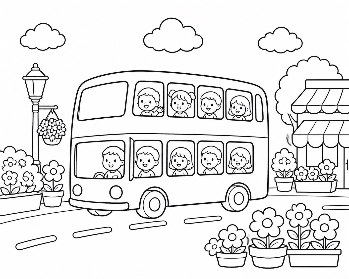 El autobús de dos pisos recorre la calle de las flores