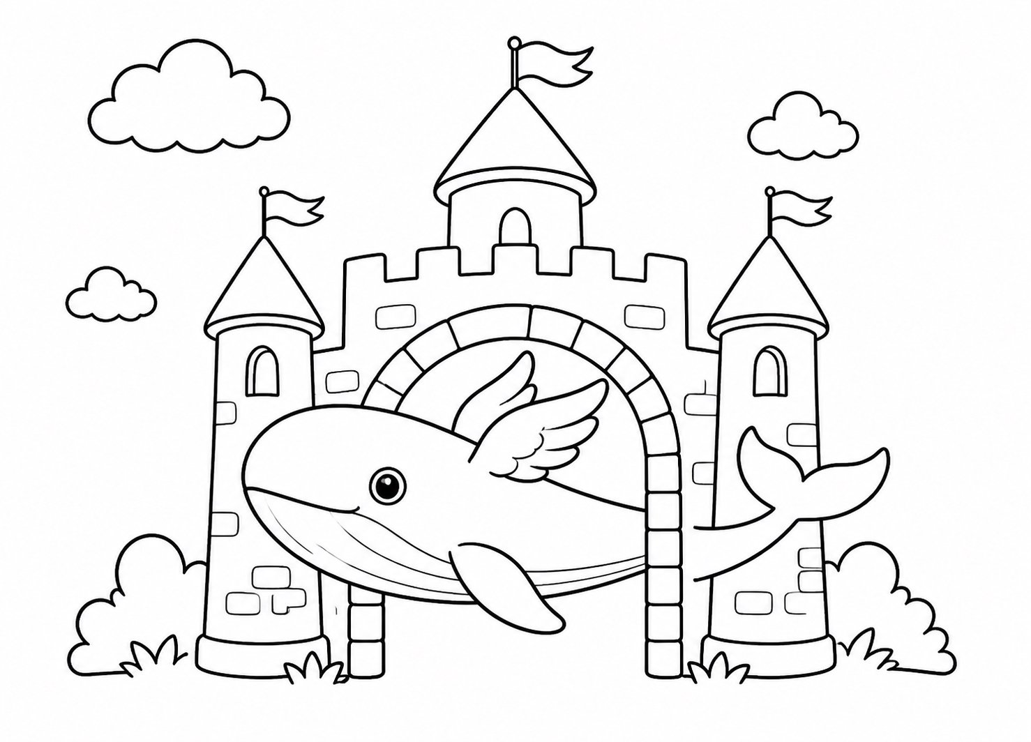 Baleine volante traversant le château