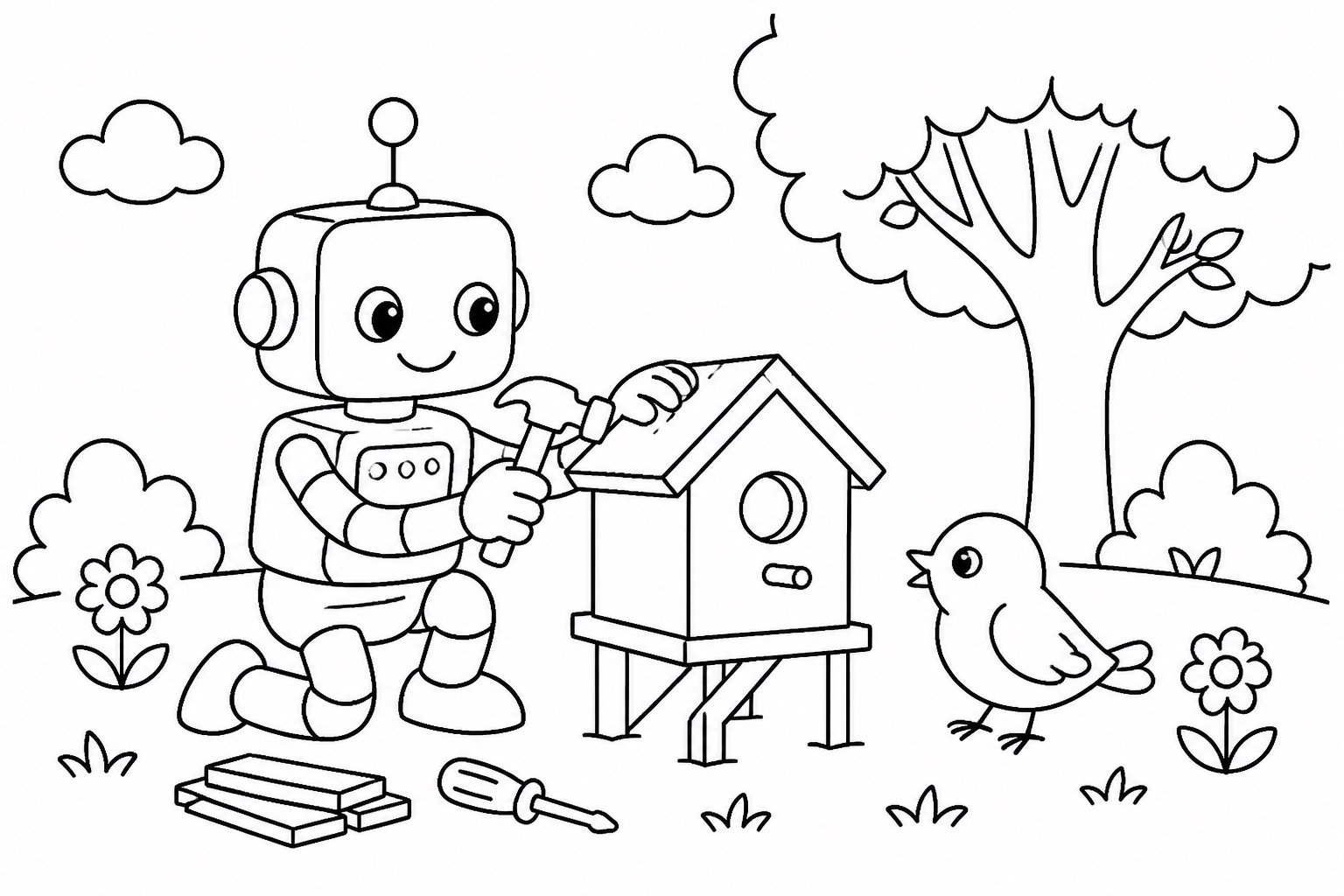 Robot construisant une cabane pour un petit oiseau