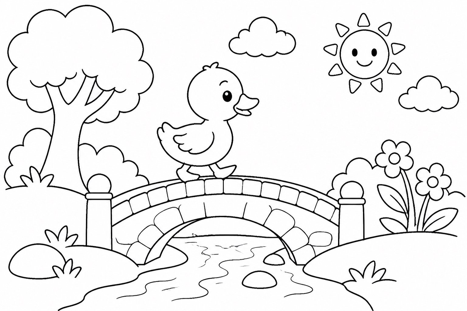 El patito cruza el puente del arroyo