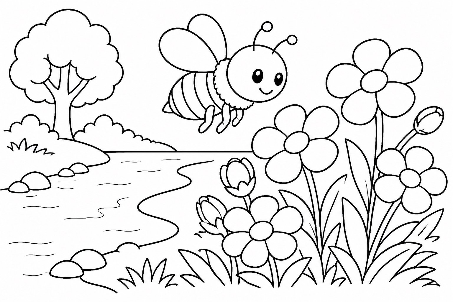 川辺の花の中のミツバチ