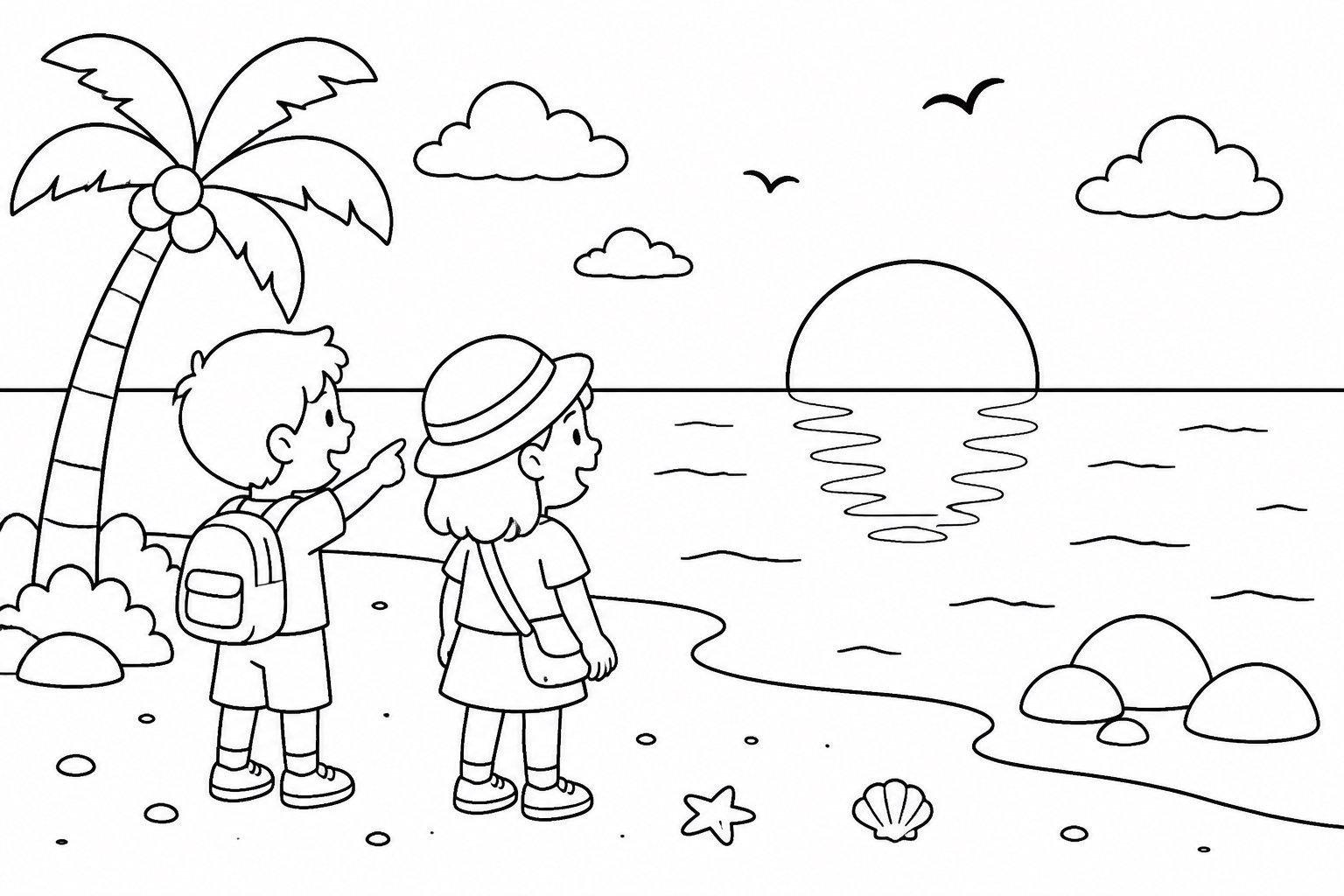 Enfants regardant le coucher de soleil au bord de la mer