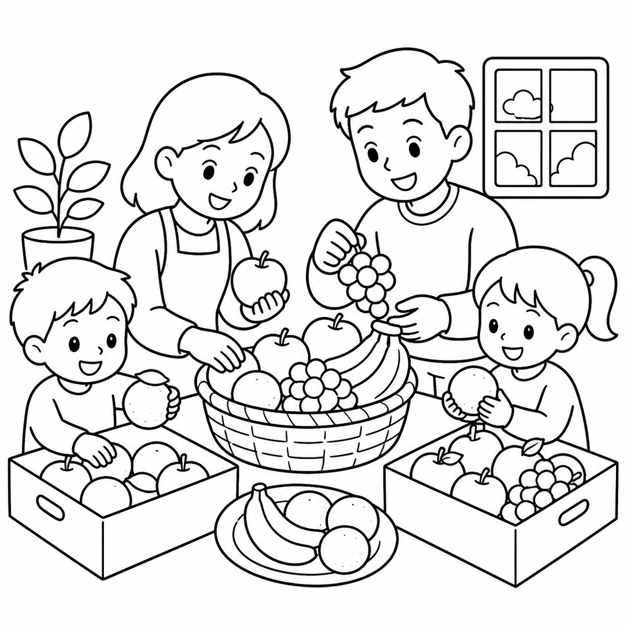 Crianças e familiares organizando frutas
