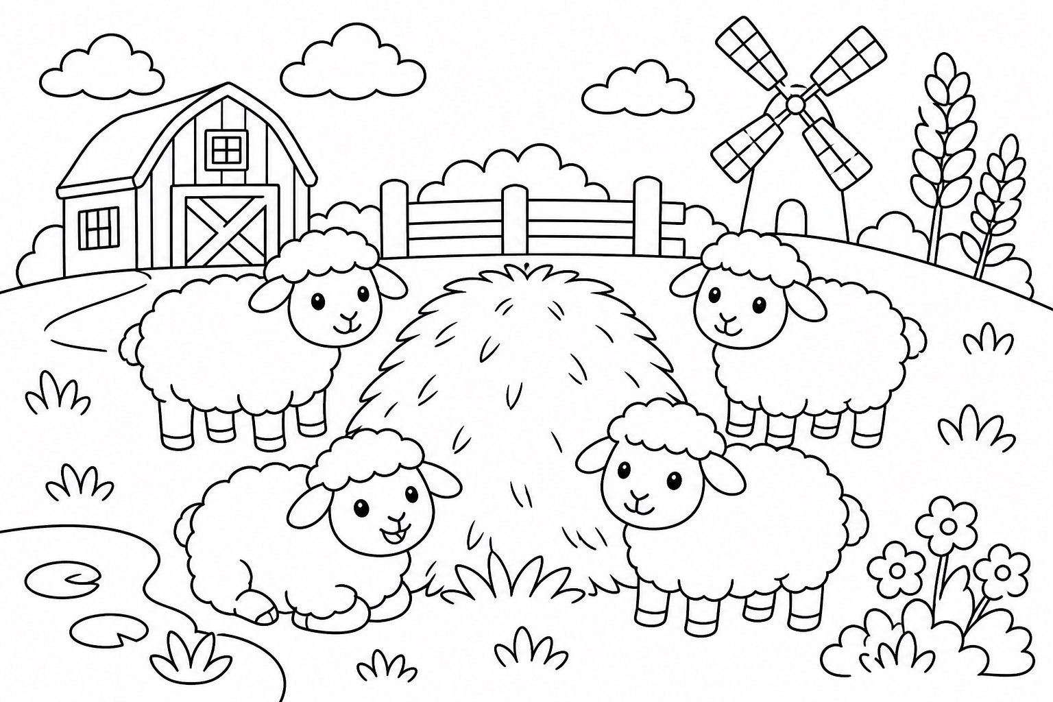 羊たちが干し草の山を囲む
