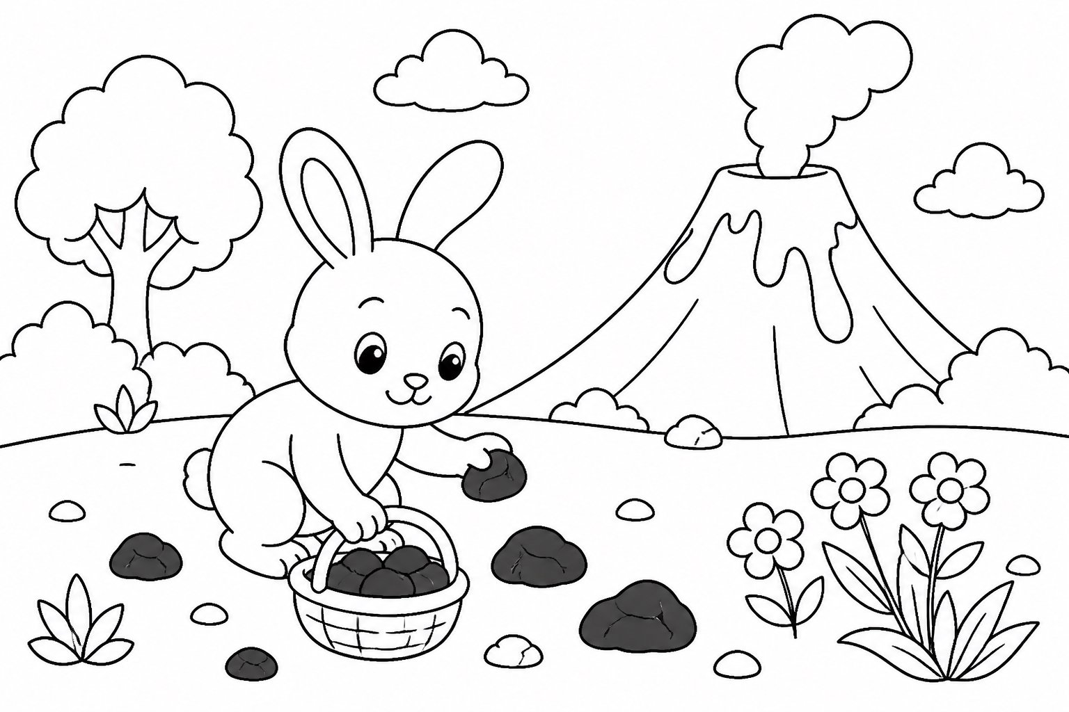 Petit lapin ramasse des roches noires